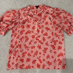 Ann Taylor Pink Puff Sleeve Blouse with Mandarin Collar